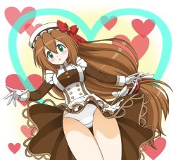 Rule 34 | 1girl, absurdres, android, apron, blush, bow, breasts, brown dress, brown hair, capcom, cookie, daitachan, dress, food, gloves, green eyes, hair between eyes, hat, hat bow, heart, highres, iris (mega man), long hair, long sleeves, looking at viewer, maid, maid apron, maid headdress, medium breasts, mega man (series), mega man x (series), mega man x dive, open mouth, panties, ribbon, underwear, valentine, white gloves, white hat, white panties, wind, wind lift