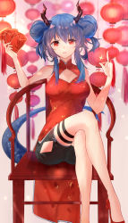 Rule 34 | 1girl, :d, absurdres, arknights, bare arms, bare shoulders, black shorts, blue hair, breasts, ch&#039;en (ageless afterglow) (arknights), ch&#039;en (arknights), chair, china dress, chinese clothes, cleavage, cleavage cutout, clothing cutout, crossed legs, double bun, dragon horns, dragon tail, dress, hair bun, hands up, highres, horns, index finger raised, lantern, long hair, looking at viewer, medium breasts, official alternate costume, open mouth, paper lantern, red dress, red eyes, short shorts, shorts, sidelocks, sitting, sleeveless, sleeveless dress, smile, solo, suiboku tanren, tail, thigh strap, thighs