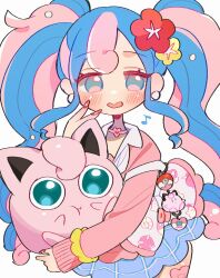 Rule 34 | 1girl, bag, blue skirt, blush, cardigan, character doll, choker, clefairy, creatures (company), earrings, fairy miku (project voltage), flower, game freak, gen 1 pokemon, hair flower, hair ornament, hatsune miku, heart, heart choker, higashi (azm), highres, jewelry, jigglypuff, long hair, multicolored hair, musical note, nail polish, nintendo, pink cardigan, pink nails, pokemon, pokemon (creature), project voltage, scrunchie, shoulder bag, simple background, skirt, twintails, two-tone hair, very long hair, vocaloid, white background, wrist scrunchie