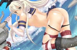 Rule 34 | 10s, 1girl, ass, bad id, bad pixiv id, black panties, blonde hair, blush, boots, eko, elbow gloves, flat chest, gloves, grey footwear, hairband, kantai collection, lifebuoy, long hair, looking at viewer, nipples, panties, personification, rensouhou-chan, shimakaze (kancolle), skirt, solo, striped clothes, striped thighhighs, swim ring, thighhighs, torn clothes, underwear, white gloves