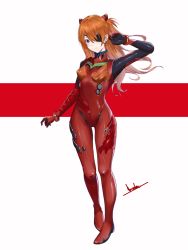 Rule 34 | 1girl, asurada yui, bandages, blue eyes, bodysuit, evangelion: 3.0 you can (not) redo, eyepatch, full body, hair between eyes, highres, interface headset, looking at viewer, multicolored bodysuit, multicolored clothes, neon genesis evangelion, orange hair, pilot suit, plugsuit, rebuild of evangelion, red bodysuit, signature, simple background, solo, souryuu asuka langley, standing, turtleneck, two side up, white background