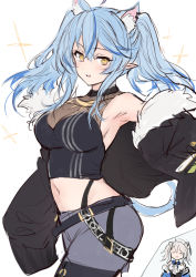 Rule 34 | 2girls, ahoge, animal ears, belt, black jacket, black shirt, blue hair, blush, breasts, cleavage, closed eyes, cosplay, costume switch, cowboy shot, cropped shirt, fur-trimmed jacket, fur trim, grey shorts, hair between eyes, haoni, highres, hololive, inset, jacket, jewelry, kemonomimi mode, large breasts, light blue hair, lion ears, lion tail, long hair, looking at viewer, midriff, multicolored hair, multiple girls, navel, necklace, open clothes, open jacket, open mouth, pointy ears, see-through, see-through cleavage, shirt, shishiro botan, shishiro botan (1st costume), shishiro botan (cosplay), short shorts, shorts, simple background, sketch, sleeveless, sleeveless shirt, smile, streaked hair, striped clothes, striped shirt, tail, twintails, two-tone hair, vertical-striped clothes, vertical-striped shirt, virtual youtuber, white background, yellow eyes, yukihana lamy, yukihana lamy (cosplay)