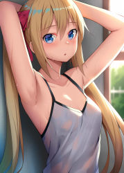 Rule 34 | 1girl, alexmaster, armpits, arms behind head, arms up, bare arms, blonde hair, blue eyes, blush, breasts, camisole, collarbone, day, hair between eyes, hair ribbon, highres, indoors, long hair, looking at viewer, original, parted lips, red ribbon, revision, ribbon, sidelocks, small breasts, solo, sweat, twintails, upper body, window