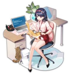 1girl belt black_footwear blue_hair brown_belt cat dark_blue_hair earrings fukumaru_koito full_body hairband hands_up high_heels idolmaster idolmaster_shiny_colors index_finger_raised jewelry looking_at_animal mahjong_soul medium_hair office_lady official_art on_chair open_mouth pink_eyes red_skirt shirt sitting skirt sleeves_rolled_up solo standing sweat transparent_background watch wristwatch