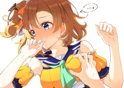 Rule 34 | ..., 1girl, 1other, absurdres, bare shoulders, biting, blue eyes, blush, breasts squeezed together, breasts, commentary request, crop top, detached sleeves, embarrassed, eyelashes, fingernails, groping motion, hair ribbon, highres, kosaka honoka, looking away, looking to the side, love live!, love live! school idol festival, love live! school idol project, natsumeyuki (siroyuki026), neckerchief, one side up, orange hair, pov, pov hands, ribbon, short hair, simple background, speech bubble, spoken ellipsis, squiggle, thumb biting, w arms, white background