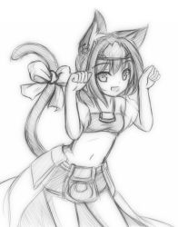 Rule 34 | 1girl, animal ears, bow, cat ears, cat tail, greyscale, highres, looking at viewer, minaha (playjoe2005), monochrome, navel, open mouth, paw pose, sakahime (shikihime zoushi), shikihime zoushi, short hair, simple background, sketch, smile, solo, tail, tail bow, tail ornament, white background
