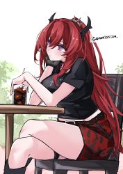 Rule 34 | 1girl, absurdres, arknights, belt, black gloves, black shirt, black socks, blush, breasts, chair, closed mouth, commission, cross, cross necklace, crossed legs, cup, drink, drinking glass, feet out of frame, gloves, hair between eyes, hand on own cheek, hand on own face, highres, horns, ice skates, jewelry, kneehighs, large breasts, long hair, looking away, looking up, miniskirt, necklace, official alternate costume, outdoors, purple eyes, red hair, red skirt, shirt, short sleeves, simple background, single glove, sitting, skates, skirt, socks, solo, surtr (arknights), surtr (liberte echec) (arknights), thigh strap, very long hair, white background, yuteka (yute nut)