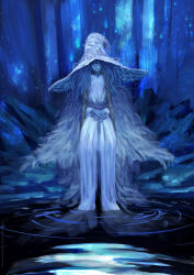 Rule 34 | 1girl, blue eyes, blue skin, blue theme, cloak, closed mouth, colored skin, dress, elden ring, extra arms, fur cloak, glowing, glowing eyes, hat, head tilt, long dress, looking at viewer, monochrome, one eye closed, ranni the witch, ripples, sitting, soaking feet, solo, victor garcia, white dress, white hat, witch hat