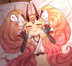 Rule 34 | 1girl, :3, bed sheet, big hair, black nails, blonde hair, blush, bow, closed mouth, collarbone, commentary request, crop top, dutch angle, facial mark, fangs, fangs out, fate/grand order, fate (series), fingernails, forehead mark, gradient hair, hair bow, half-closed eyes, hands up, heart, highres, horns, ibaraki douji (fate), ibaraki douji (swimsuit lancer) (third ascension) (fate), japanese clothes, kimono, long fingernails, long hair, lying, makano mucchi, multicolored hair, nail polish, navel, on back, oni, oni horns, orange eyes, pillow, red hair, sharp fingernails, short kimono, solo, spoken heart, sweat, twintails, very long hair, white bow, white kimono