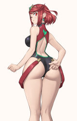 Rule 34 | 1girl, adjusting clothes, adjusting swimsuit, ass, black one-piece swimsuit, breasts, competition swimsuit, earrings, from behind, highres, jewelry, large breasts, looking at viewer, one-piece swimsuit, ozkh, pyra (pro swimmer) (xenoblade), pyra (xenoblade), red eyes, red hair, red one-piece swimsuit, short hair, solo, standing, swimsuit, tiara, xenoblade chronicles (series), xenoblade chronicles 2