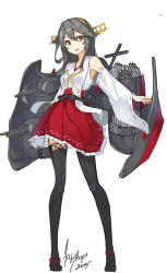 Rule 34 | 10s, 1girl, black footwear, black hair, black thighhighs, boots, brown eyes, dazzle paint, detached sleeves, haruna (kancolle), kantai collection, long hair, looking at viewer, machinery, nontraditional miko, signature, simple background, skirt, solo, thigh boots, thighhighs, tilt-shift (azalanz), white background