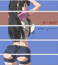 Rule 34 | akiyama mio, ass, black hair, breasts, k-on!, long hair, looking back, lowres, shorts, suna (sandworks), thigh gap, thighs