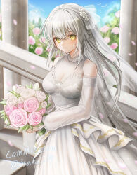 Rule 34 | 1girl, 3 (sanyako1), alternate costume, arknights, artist name, bare shoulders, blush, bouquet, breasts, bridal veil, bride, bright pupils, cleavage, closed mouth, commission, cowboy shot, day, detached sleeves, dress, fartooth (arknights), feather hair, flower, grey hair, highres, holding, holding bouquet, large breasts, layered dress, long hair, long sleeves, looking at viewer, outdoors, pillar, pink flower, pink rose, rose, see-through, see-through sleeves, smile, solo, twitter username, veil, very long hair, wedding dress, white dress, white flower, white rose, yellow eyes