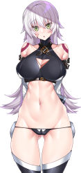 Rule 34 | :o, aged up, arms behind back, bandaged arm, bandages, black gloves, black panties, breasts, eyebrows, facial scar, fate/apocrypha, fate/grand order, fate (series), gloves, green eyes, highres, jack the ripper (fate/apocrypha), large breasts, long hair, panties, scar, scar across eye, scar on cheek, scar on face, simple background, solo, thighhighs, thighs, underwear, watosu, white background