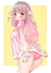 Rule 34 | 1girl, :o, absurdres, ass, breasts, cowboy shot, from behind, gradient hair, grey hair, heart, highres, long hair, medium breasts, multicolored hair, no pants, open mouth, original, outside border, panties, pink eyes, pink hair, pink panties, pink shirt, rifuru, shirt, underwear, yellow background
