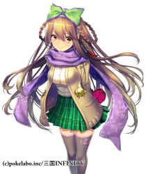 Rule 34 | 1girl, arms behind back, bow, box, braid, brown coat, brown hair, coat, dress shirt, floating hair, floral print, fuji minako, green bow, grey thighhighs, hair between eyes, hair bow, heart-shaped box, holding, holding box, leaning forward, long hair, looking at viewer, miniskirt, open clothes, open coat, pleated skirt, print bow, print scarf, print thighhighs, purple scarf, red bow, red eyes, red ribbon, ribbon, sangoku infinity, scarf, shirt, simple background, skirt, smile, solo, standing, thighhighs, very long hair, white background, white shirt, zettai ryouiki