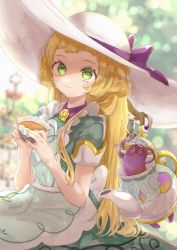 Rule 34 | 1girl, apron, blonde hair, blurry, bow, closed mouth, commentary request, creatures (company), cup, dress, eyelashes, game freak, gen 8 pokemon, green dress, green eyes, hat, hat bow, highres, holding, holding cup, lillie (pokemon), lillie (special costume) (pokemon), long hair, looking at viewer, mcmcusg, nintendo, official alternate costume, pokemon, pokemon (creature), pokemon masters ex, polteageist, purple bow, short sleeves, smile, tea, white headwear