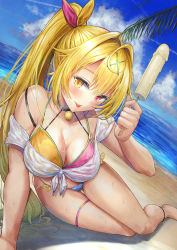 Rule 34 | 1girl, :p, absurdres, bare shoulders, beach, bikini, blonde hair, blush, breasts, choker, cleavage, day, food, hair ornament, hair ribbon, heterochromia, highres, holding, holding food, hoshikawa sara, large breasts, long hair, looking at viewer, nijisanji, outdoors, phallic symbol, popsicle, red eyes, ribbon, sayaka ikku, sexually suggestive, shirt, side ponytail, smile, solo, swimsuit, thigh strap, thighs, tied shirt, tongue, tongue out, virtual youtuber, wet, x hair ornament, yellow eyes