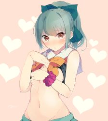 Rule 34 | 10s, 1girl, artist name, bare arms, bare shoulders, blush, bow, bowtie, breasts, breasts out, brown eyes, clothes lift, eyebrows, green bow, green hair, green skirt, hair bow, heart, heart background, highres, kantai collection, lifted by self, looking at viewer, medium breasts, navel, orange bow, orange bowtie, ponytail, scrunchie, shirt lift, short hair, signature, skirt, solo, stomach, tebi (tbd11), wrist scrunchie, yuubari (kancolle)