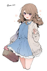 Rule 34 | 1girl, :d, blue dress, blush, brown hair, cropped legs, dress, grey jacket, hand up, holding, ikeuchi tanuma, jacket, long sleeves, looking at viewer, open clothes, open jacket, open mouth, original, pink eyes, simple background, smile, solo, standing, twitter username, white background