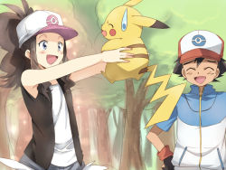 Rule 34 | 10s, 1boy, 1girl, ^ ^, ash ketchum, black hair, blue eyes, brown hair, child, closed eyes, creatures (company), forest, game freak, gen 1 pokemon, hat, hilda (pokemon), maruki (punchiki), nature, nintendo, open mouth, pikachu, pokemon, pokemon (anime), pokemon (creature), pokemon bw, ponytail, tree