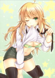 Rule 34 | 1girl, absurdres, ahoge, arm support, black thighhighs, blonde hair, blush, bra, breasts, cleavage, clothes lift, courreges ace, green bra, green eyes, highres, hoshii miki, idolmaster, idolmaster (classic), kneeling, long hair, looking at viewer, mouth hold, navel, necktie, one eye closed, scan, shirt, shirt lift, skirt, smile, solo, star (symbol), thighhighs, underwear, wink