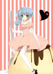 Rule 34 | asymmetrical hair, bad id, bad pixiv id, blue hair, blush, dress, elbow gloves, food, gloves, green eyes, hatsune miku, highres, mikio k. gobouten, mouth hold, pudding, sitting, solo, spoon, striped, thighhighs, vocaloid