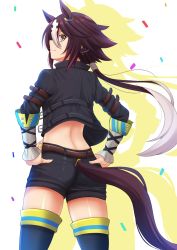 Rule 34 | 1girl, animal ears, arm belt, belt, black jacket, black shorts, black thighhighs, blush, brown belt, brown eyes, brown hair, closed mouth, commentary, confetti, fingernails, hands on own hips, highres, horse ears, horse girl, horse tail, jacket, jewelry, kazenokaze, long hair, long sleeves, looking at viewer, looking back, low ponytail, multicolored hair, open clothes, open jacket, ponytail, profile, ring, short shorts, shorts, smile, solo, streaked hair, tail, thighhighs, umamusume, very long hair, vodka (umamusume), white background, white hair