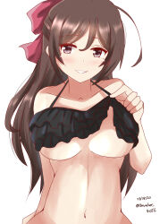 Rule 34 | 1girl, bikini, bikini top lift, black bikini, blush, bow, breasts, brown hair, clothes lift, dated, frilled bikini, frills, hair bow, highres, kantai collection, large breasts, lifted by self, long hair, looking at viewer, mamiya (kancolle), navel, official alternate costume, one-hour drawing challenge, red bow, sawatani (chevalier 04056), smile, solo, swimsuit, twitter username, underboob, upper body