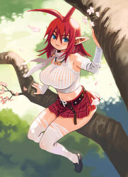 Rule 34 | 1girl, belt, blue eyes, breasts, cherry blossoms, detached sleeves, elf, covered erect nipples, highres, huge breasts, mugen no fantasia, original, pointy ears, red hair, ryoji (nomura ryouji), sitting, skirt, solo, thighhighs, torn clothes, tree