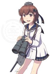 1girl binoculars blue_sailor_collar brown_eyes brown_hair cherry_blossoms dress feet_out_of_frame flower grey_neckerchief hair_flower hair_ornament hair_ribbon headgear holding holding_binoculars kantai_collection long_sleeves nao_(nao_eg) neckerchief open_mouth ribbon round_teeth sailor_collar sailor_dress short_hair simple_background solo speaking_tube_headset teeth upper_teeth_only watermark white_background white_dress yukikaze_(kancolle) yukikaze_kai_ni_(kancolle)