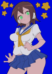 Rule 34 | 1girl, absurdres, aile (mega man zx), blue background, blue skirt, breasts, brown hair, buzzlyears, collarbone, cowboy shot, glowing, glowing eyes, green eyes, highres, looking at viewer, medium breasts, mega man (series), mega man zx, miniskirt, robot ears, sailor, shirt, short hair, simple background, skirt, solo, star (symbol), white shirt