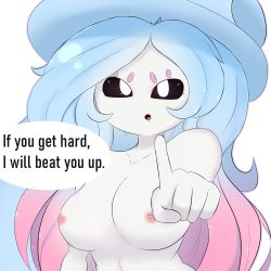 Rule 34 | 1girl, :o, absurdres, awintermoose, black sclera, blue hair, blue headwear, breasts, collarbone, colored sclera, colored skin, commentary, creatures (company), english commentary, game freak, gen 8 pokemon, gradient background, gradient hair, hatterene, highres, large breasts, long hair, looking at viewer, multicolored hair, nintendo, nipples, pink hair, pointing, pointing at viewer, pokemon, pokemon (creature), solo, speech bubble, upper body, white eyes, white skin