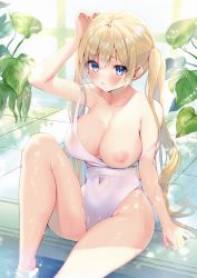 Rule 34 | 1girl, ayuma sayu, bare shoulders, blonde hair, blue eyes, blush, breasts, collarbone, covered erect nipples, covered navel, day, detexted, fingernails, hair between eyes, hand up, highleg, highleg swimsuit, highres, large breasts, leaf, long fingernails, long hair, looking at viewer, melonbooks, nail polish, non-web source, one-piece swimsuit, one breast out, outdoors, parted lips, pink nails, pool, poolside, smile, solo, strap slip, swimsuit, third-party edit, twintails, very long hair, water, wet, wet clothes, wet swimsuit, white one-piece swimsuit
