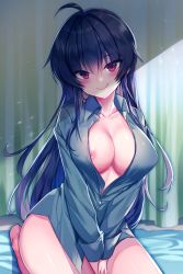 Rule 34 | 1girl, :q, ahoge, bad id, bad pixiv id, between legs, black hair, blush, breasts, cleavage, closed mouth, collarbone, collared shirt, covered erect nipples, green shirt, hair between eyes, hand between legs, highres, iris yuma, large breasts, licking lips, long hair, long sleeves, looking at viewer, maett, naked shirt, nipple slip, nipples, red eyes, seiza, shirt, sidelocks, sitting, smile, solo, soulworker, thighs, tongue, tongue out, very long hair