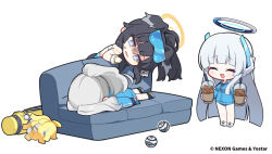 Rule 34 | 3girls, :d, ^ ^, black hair, blue archive, blue hair, blush, buruma, chibi, closed eyes, couch, cup, grey hair, halo, hare (blue archive), hibiki (blue archive), hibiki (cheer squad) (blue archive), holding, holding cup, jacket, long hair, lying, millennium cheerleader outfit (blue archive), multiple girls, nemoga, noa (blue archive), official art, on stomach, open mouth, pom pom (cheerleading), ponytail, shaded face, smile, sweatdrop, wrist cuffs