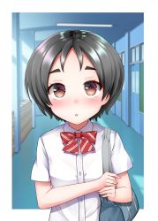 Rule 34 | 1girl, :o, androgynous, bad id, bad twitter id, black hair, blurry, bow, bowtie, brown eyes, depth of field, hallway, highres, kantai collection, kirigakure (kirigakure tantei jimusho), maru-yu (kancolle), open mouth, school uniform, see-through, short hair, solo, striped bow, striped bowtie, striped clothes, striped neckwear, thick eyebrows, upper body