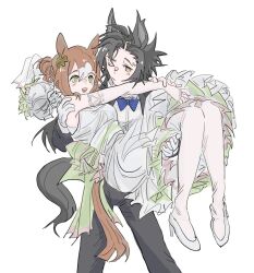 2girls air_shakur_(umamusume) animal_ears arms_around_neck bean_dog43 black_hair black_jacket black_pants black_vs_white blue_bow blue_bowtie bouquet bow bowtie brown_hair carrying commentary dated_commentary dress eyebrow_piercing female_focus fine_motion_(umamusume) flower gloves green_eyes hair_bun horse_ears horse_girl horse_tail jacket multiple_girls one_eye_closed open_mouth pants piercing princess_carry simple_background smile tail umamusume wedding_dress white_background white_dress white_footwear white_gloves wife_and_wife yellow_eyes yuri