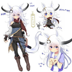 Rule 34 | 1girl, ^^^, animal ears, bare shoulders, black gloves, boots, brown footwear, chibi, collarbone, commentary request, concept art, cross-laced footwear, crossover, detached sleeves, ear ornament, eating, elden ring, elden ring (object), extra, eyes visible through hair, fingerless gloves, full body, furaggu, gloves, hair between eyes, highres, horns, horse ears, horse girl, horse tail, jumping, lace-up boots, looking at viewer, messy hair, multiple views, no mouth, personification, puffy short sleeves, puffy sleeves, purple eyes, purple shirt, raisin (fruit), red scarf, running, sailor collar, sailor shirt, scarf, school uniform, sheath, sheathed, shirt, short sleeves, sidelocks, simple background, single detached sleeve, single vambrace, sparkle, summer uniform, sword, tail, torrent (elden ring), tracen school uniform, translated, umamusume, vambraces, weapon, white background, white hair, white sailor collar, wrist belt