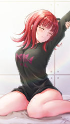 Rule 34 | 1girl, ^ ^, arm behind head, arms up, bed sheet, black shirt, blush, bottomless, breasts, closed eyes, closed mouth, facing to the side, feet out of frame, flipped hair, hand on own arm, highres, ichijo kazuya, katori youko, long sleeves, medium hair, print shirt, shirt, signature, sitting, solo, stretching, tile wall, tiles, wariza, world trigger