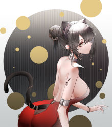 Rule 34 | 1girl, animal ear fluff, animal ears, arknights, black background, black collar, black pantyhose, bracelet, breasts, cat ears, cat girl, cat tail, clothing cutout, collar, dress, earrings, extra ears, female focus, hair bun, highres, jewelry, large breasts, leaning forward, long hair, looking at viewer, material growth, multicolored background, oripathy lesion (arknights), pantyhose, red dress, schwarz (arknights), sideboob, simple background, single hair bun, solo, strapless, strapless dress, tail, tail through clothes, upper body, white background, yellow background, yellow eyes, yunlingluo
