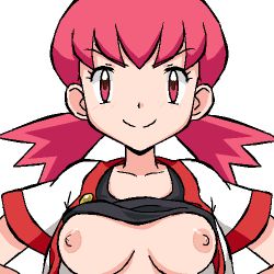 Rule 34 | 1girl, breasts, breasts out, creatures (company), game freak, gomatarou (pixiv196136), looking at viewer, lowres, nintendo, nipples, pink eyes, pink hair, pokemon, pokemon hgss, smile, whitney (pokemon)