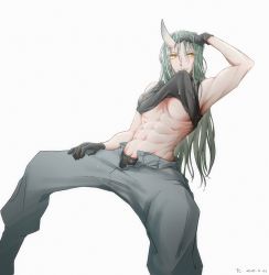 Rule 34 | 1girl, abs, absurdres, arknights, black gloves, black shirt, breasts, clothes in mouth, clothes lift, female focus, gloves, green hair, highres, horns, hoshiguma (arknights), long hair, looking at viewer, mouth hold, see-through, shirt, shirt in mouth, shirt lift, simple background, single horn, skin-covered horns, sleeveless, solo, toned, tory-chen, underboob, wet, white background, yellow eyes
