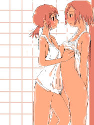 Rule 34 | 00s, 2girls, against wall, arms behind back, bad id, bad pixiv id, blush, bottomless, grabbing another&#039;s breast, breasts, clothes pull, frown, genshiken, grabbing, hand on shoulder, happy, monochrome, multiple girls, nakajima yuuko, ogiue chika, pink hair, shirt pull, short hair, small breasts, smile, tiles, twintails, yuri, zasha