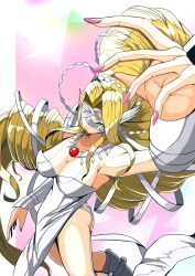 Rule 34 | 1girl, arm up, blindfold, blonde hair, breasts, cleavage, digimon, digimon (creature), dress, drill hair, green eyes, head wings, highres, large breasts, long hair, nail polish, panties, pink nails, revealing clothes, sawa d, solo, strapless, strapless dress, underwear, venusmon, very long hair, white dress, white panties, wings