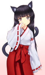 Rule 34 | 1girl, animal ears, black eyes, black hair, cat ears, cat tail, character request, gradient background, hakama, hakama skirt, japanese clothes, long hair, miko, red hakama, simple background, skirt, sleeves past wrists, smile, solo, tail, wide sleeves, zizi (zz22)