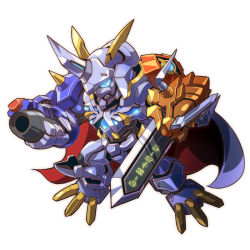 Rule 34 | arm blade, arm cannon, blue eyes, cape, chibi, digimon, digimon (creature), glowing, glowing eye, horns, mecha, no humans, omegamon, robot, simple background, single horn, solo, taedu, weapon, white background