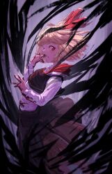 Rule 34 | 1girl, absurdres, ascot, black skirt, black vest, blonde hair, blood, blood on clothes, blood on hands, darkness, floating hair, hair ribbon, highres, long sleeves, looking at viewer, nepperoni, red ascot, red eyes, red ribbon, ribbon, rumia, shirt, short hair, skirt, solo, touhou, umbrakinesis, vest, white shirt