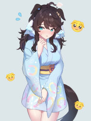 Rule 34 | 1girl, alternate costume, animal ears, blue eyes, blush, breasts, commentary request, daring tact (umamusume), embarrassed, emoji, grey background, hair ornament, highres, horse ears, horse girl, horse tail, japanese clothes, kashmir 0808, kimono, looking at viewer, medium breasts, open mouth, pleading face emoji, simple background, solo, sweat, tail, tracen ondo (song), tracen ondo outfit (umamusume), umamusume, white background, yukata