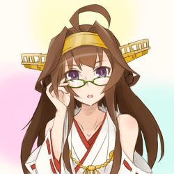 Rule 34 | 10s, 1girl, adjusting eyewear, ahoge, alakoala, bare shoulders, brown hair, double bun, eyebrows, glasses, gradient background, hair bun, hand on eyewear, japanese clothes, kantai collection, kongou (kancolle), long hair, looking at viewer, nontraditional miko, open mouth, purple eyes, solo, upper body